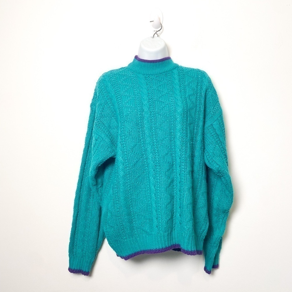 Vintage Teal Mock Neck Cable Knit Grandpa Sweater